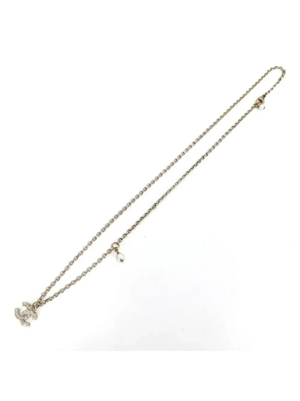 Chanel Necklace CC Logo Rhinestone Faux Pearl Gold